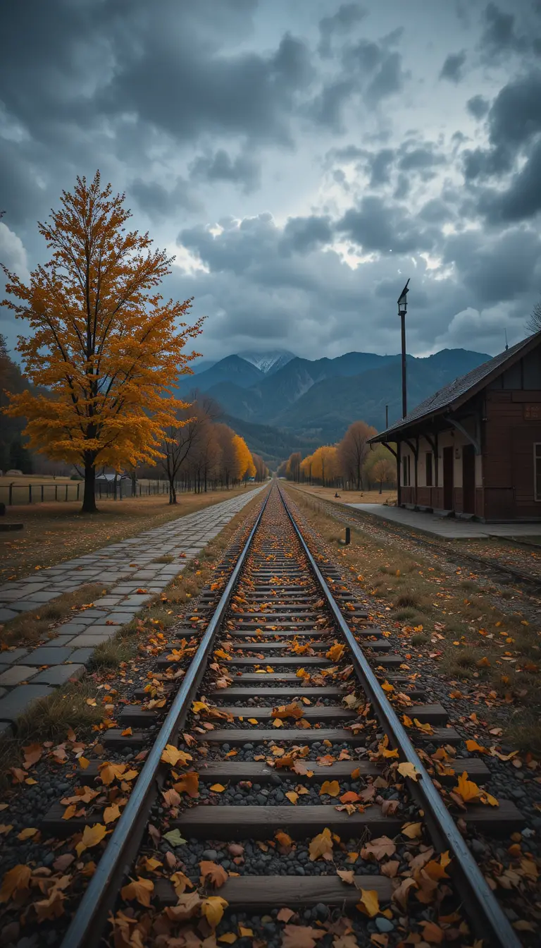 Abandoned railway station at dusk with wet tracks and leaves