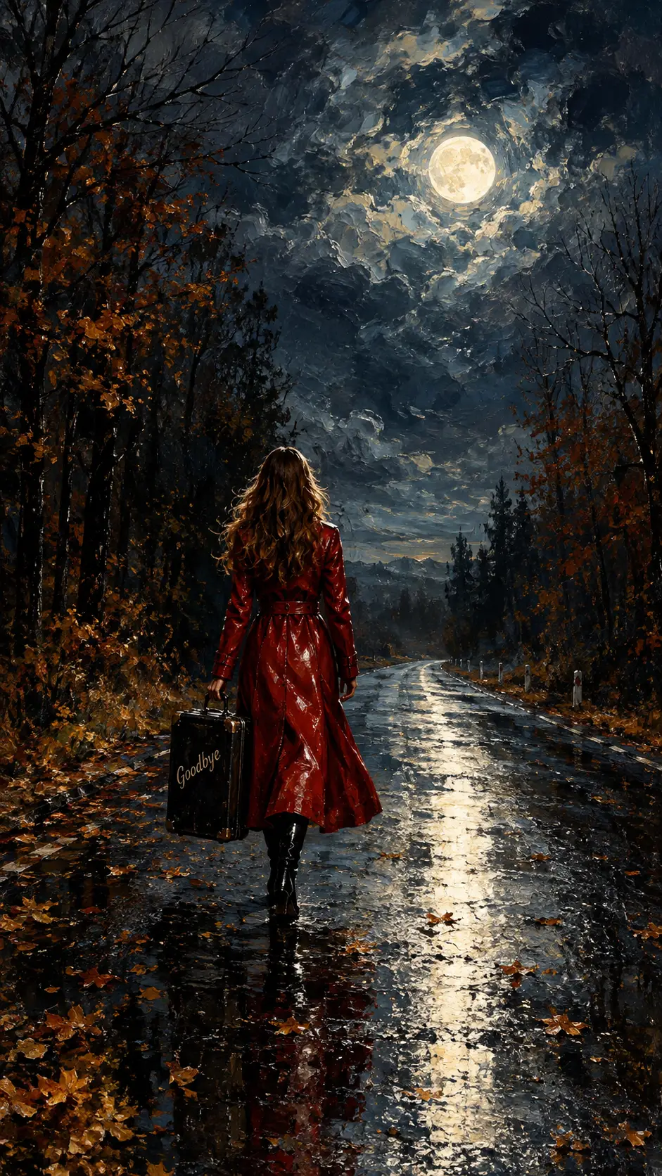 Woman in red coat walking down a moonlit forest road