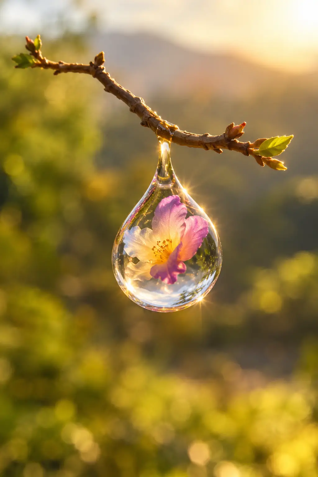 Floating branch with dewdrop flower in warm sunlight