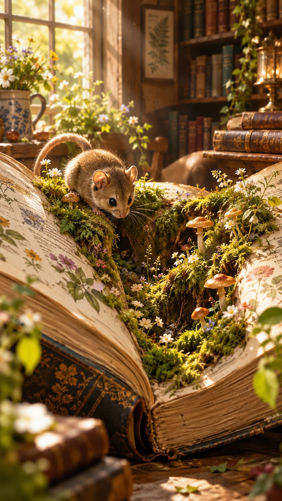 Curious dormouse inside a living botanical encyclopedia
