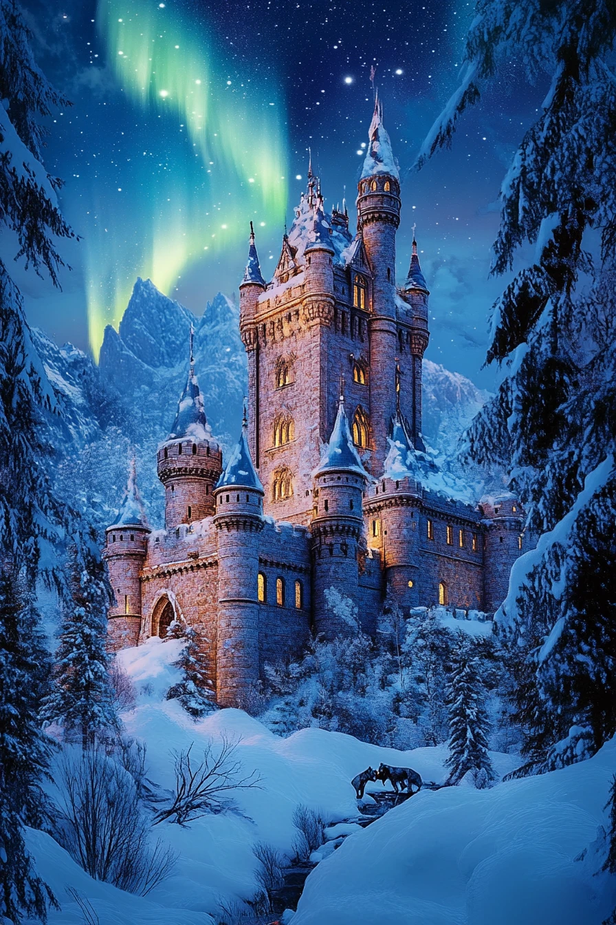 Snow covered medieval castle beneath aurora lit night sky
