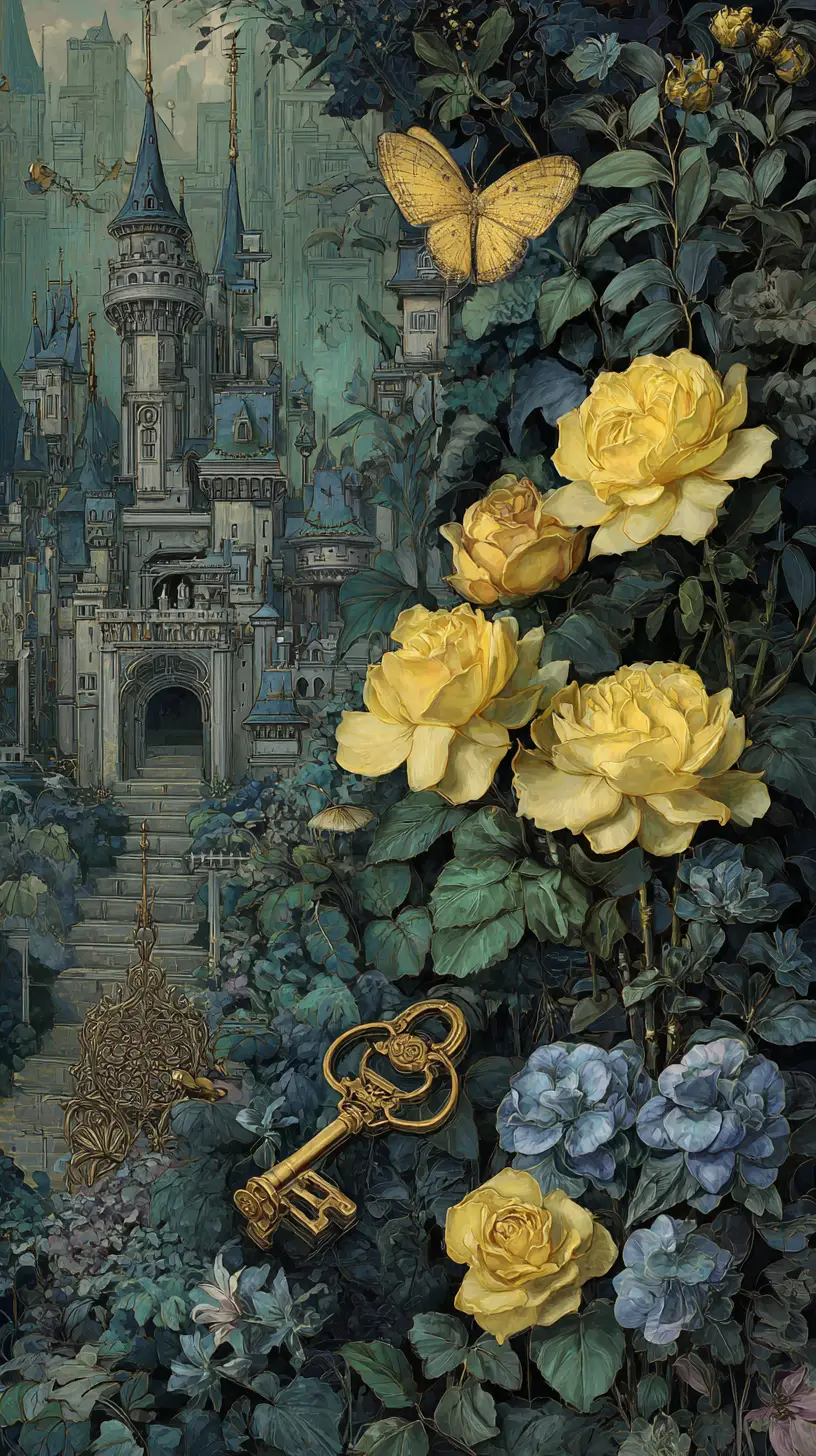 Dark romantic fantasy city with roses and golden butterfly