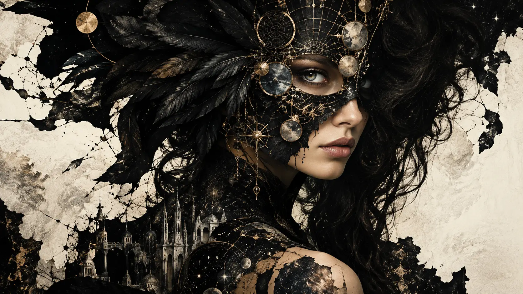 Mysterious Woman In Feathered Mask And Cosmic Portrait