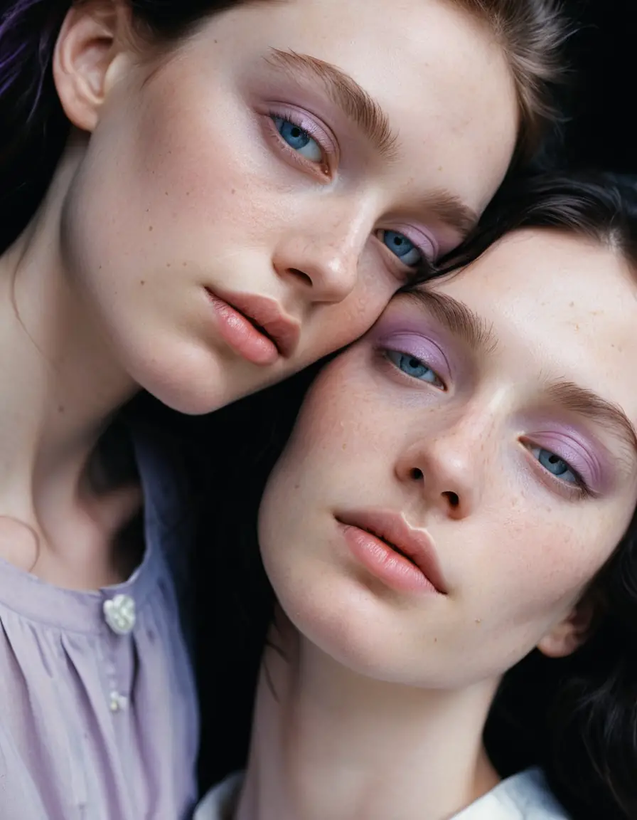 Tender extreme close up of two girls with pastel styling