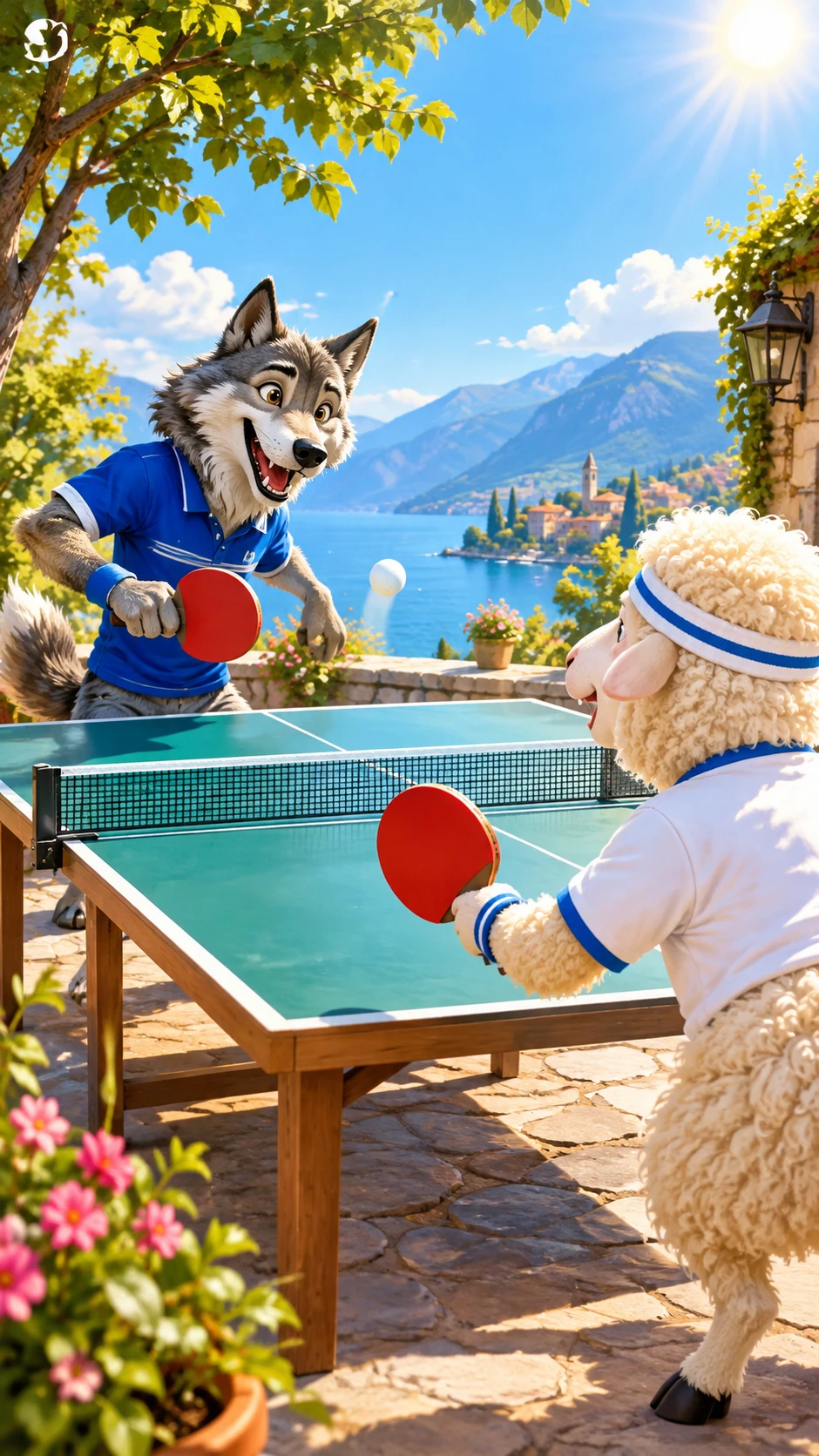 Wolf and sheep play joyful table tennis in sunlight