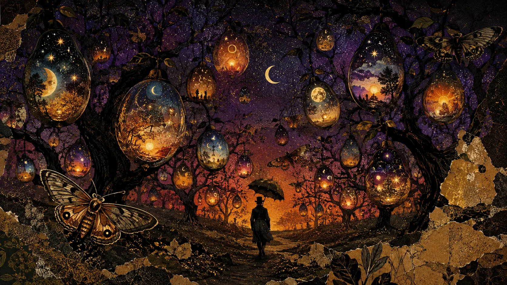 Surreal Midnight Orchard With Glowing Lantern Fruit Trees