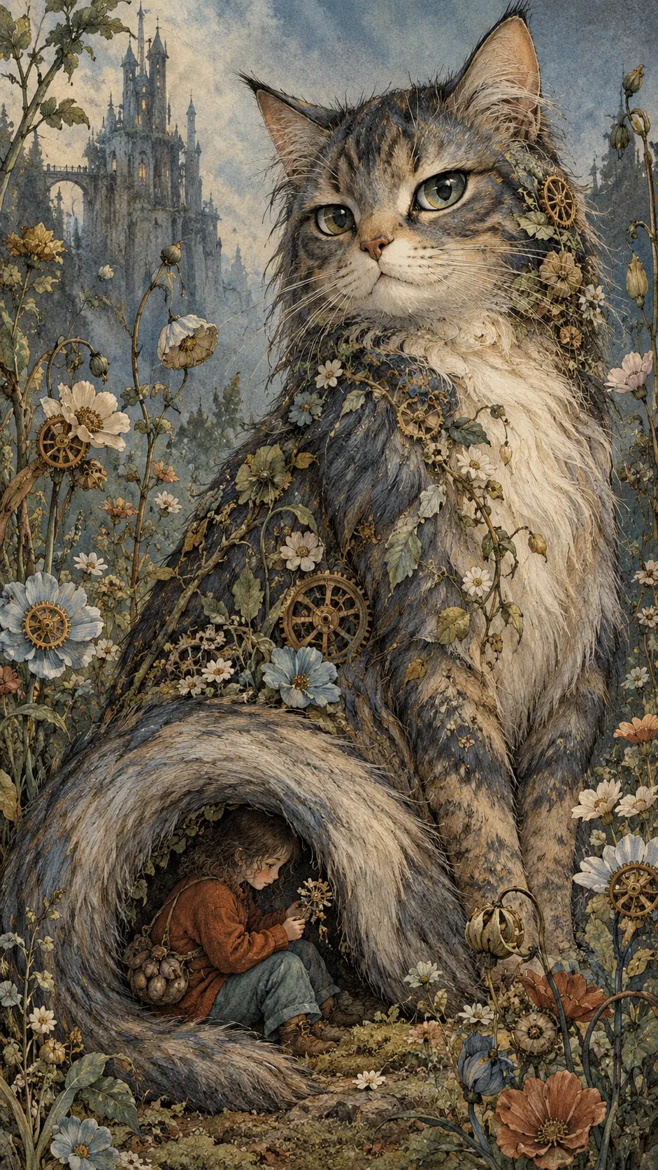 Surreal long haired cat in a clockwork botanical garden