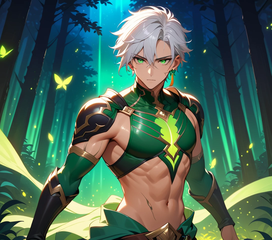 Seductive silver haired rogue in a glowing fantasy forest