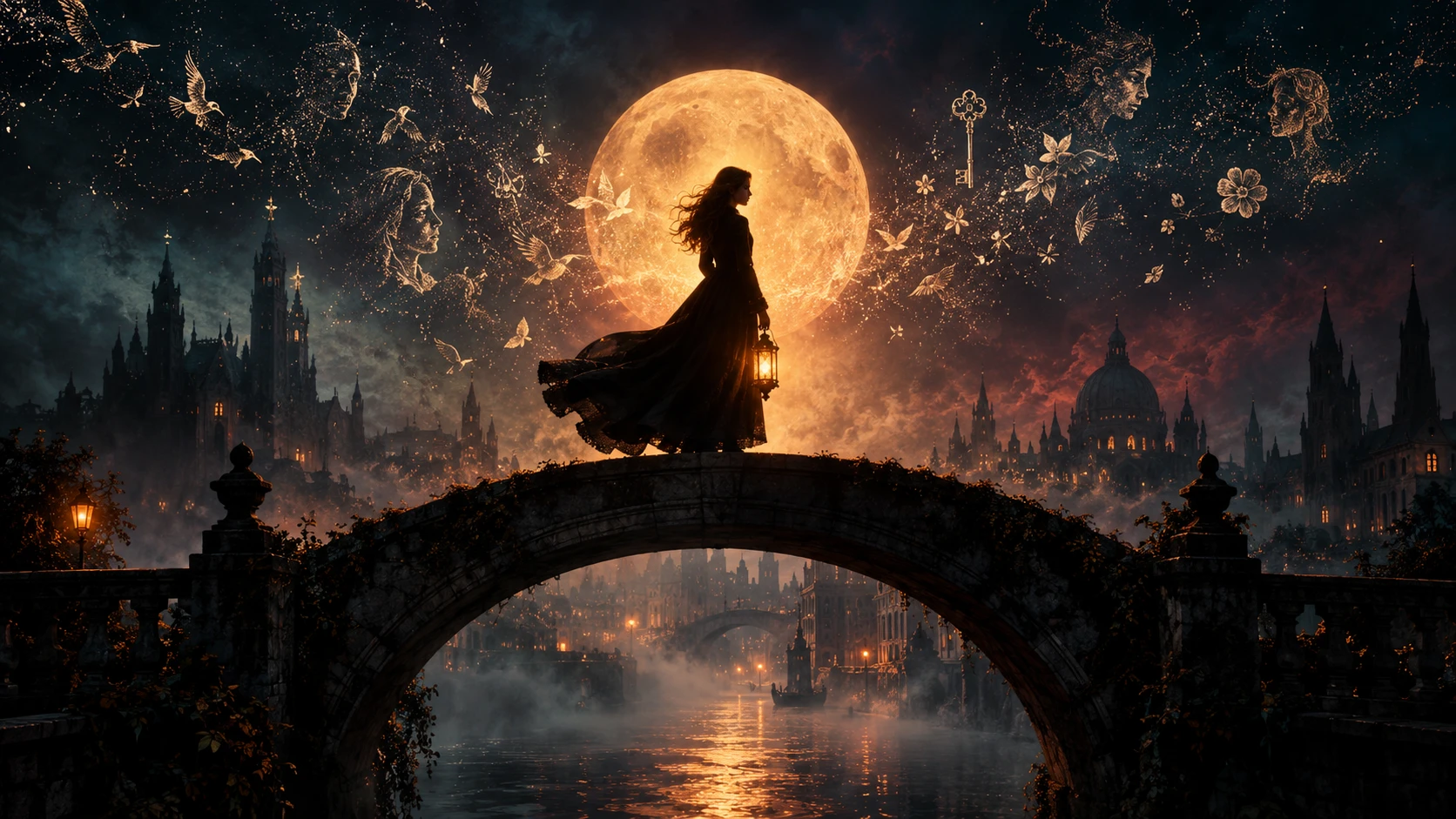 Woman silhouetted on moonlit bridge above misty gothic city