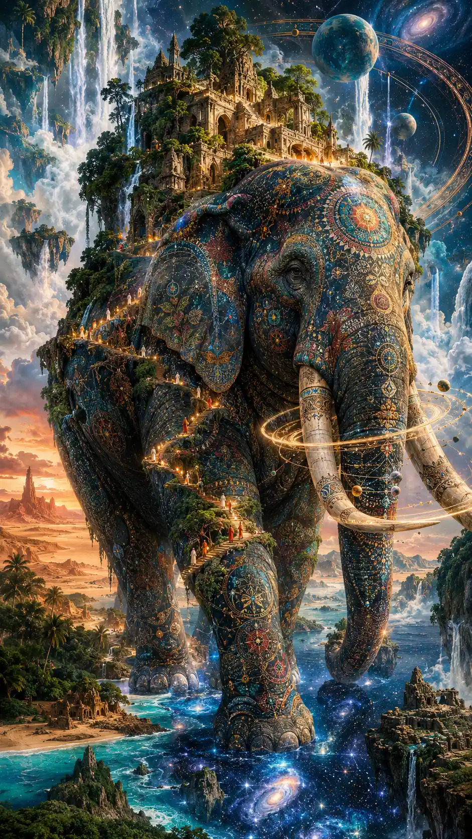 Ancient elephant trekking across a surreal merged landscape