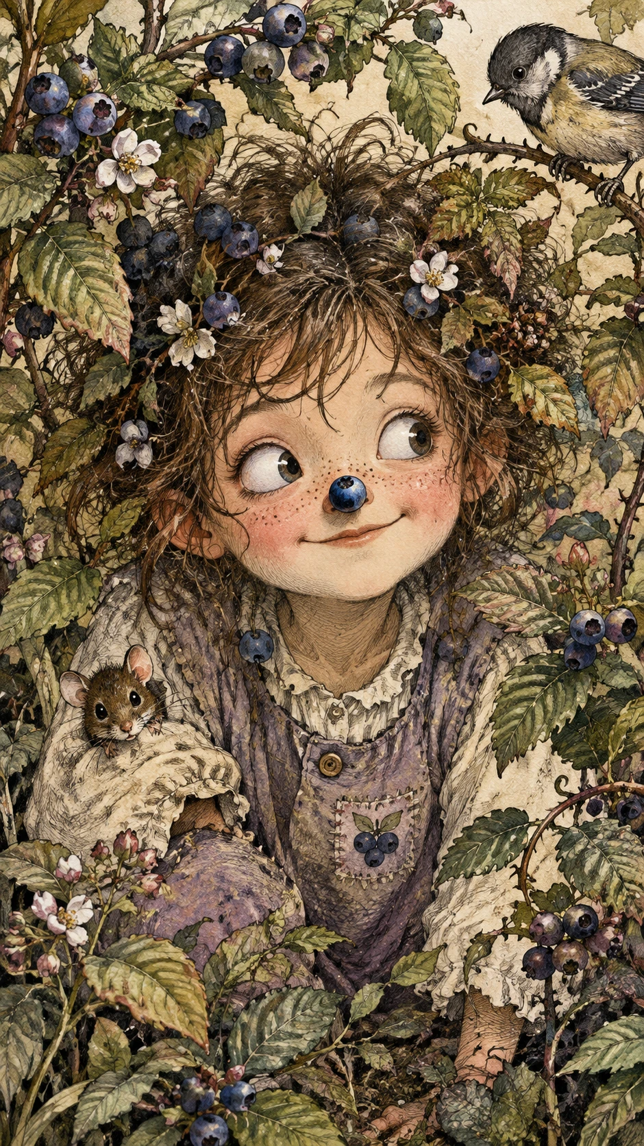 Curious woodland girl with blueberry on her nose