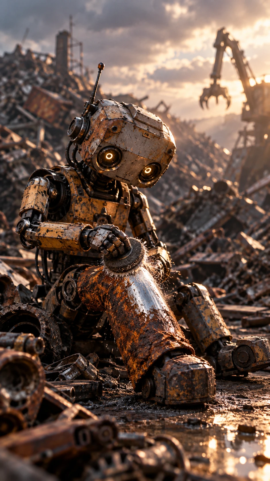 Rusty maintenance robot cleaning its leg in a scrapyard