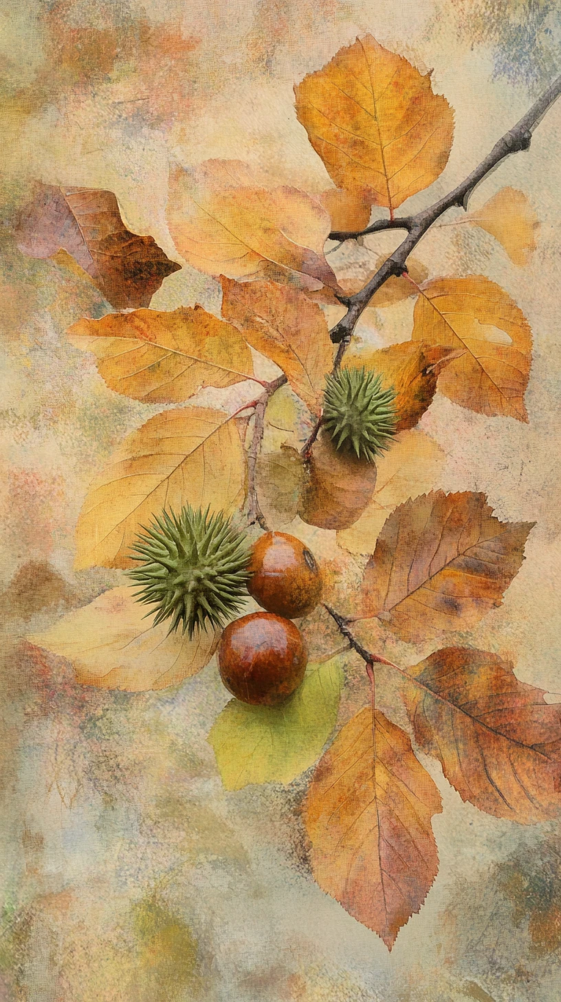 Chestnut branch and conkers among soft autumn leaves