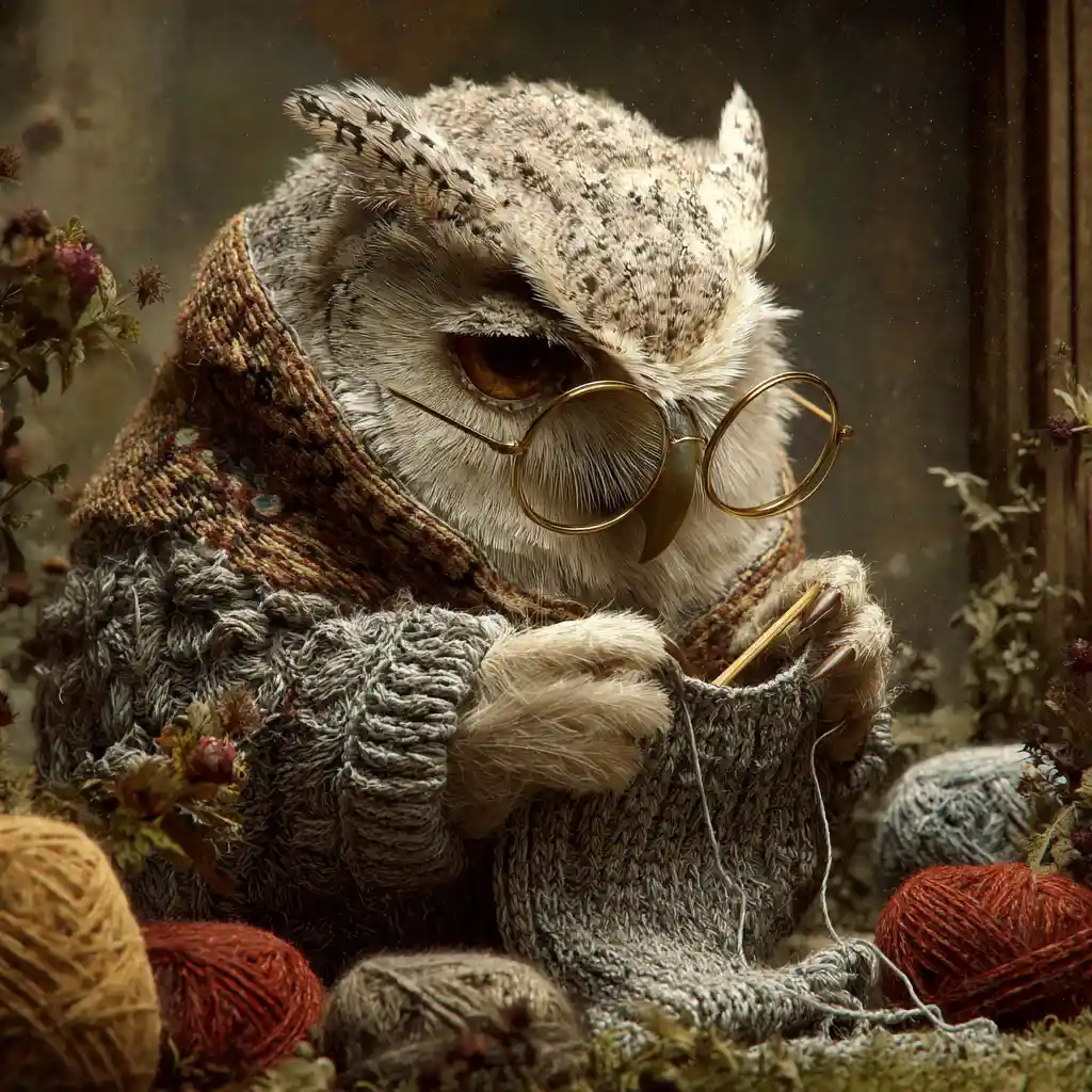 Cozy knitting owl grandmother by the warm cottage fireplace