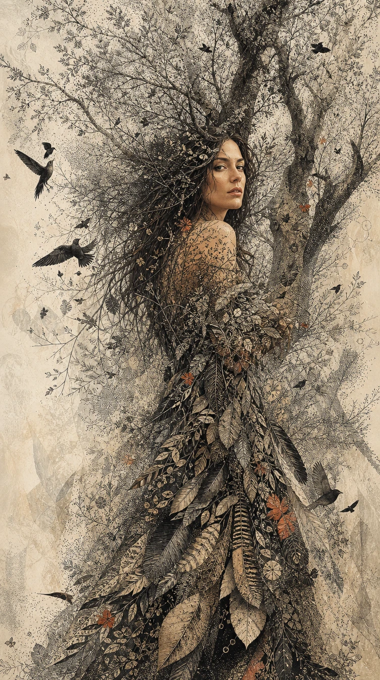 Surreal woman merging with towering trees in stippled forest