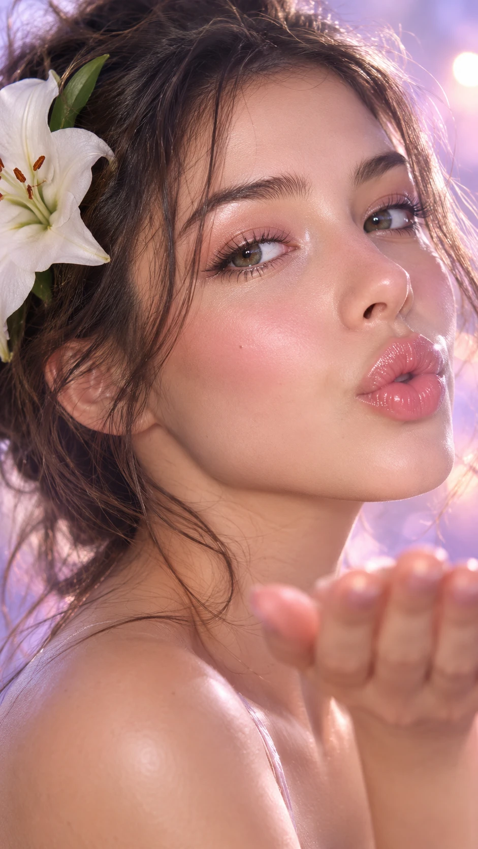 Romantic close up portrait of woman blowing a kiss