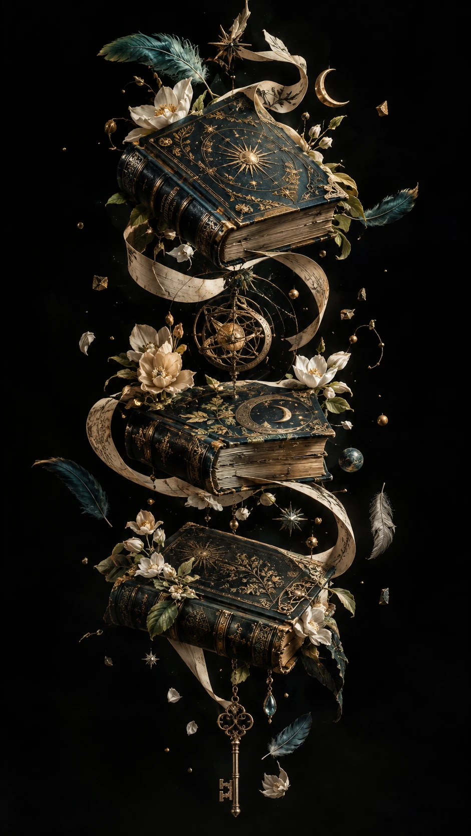Floating antique books entwined with flowers and symbols