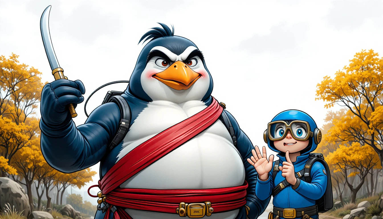 Angry cartoon penguin warrior holding a katana sword