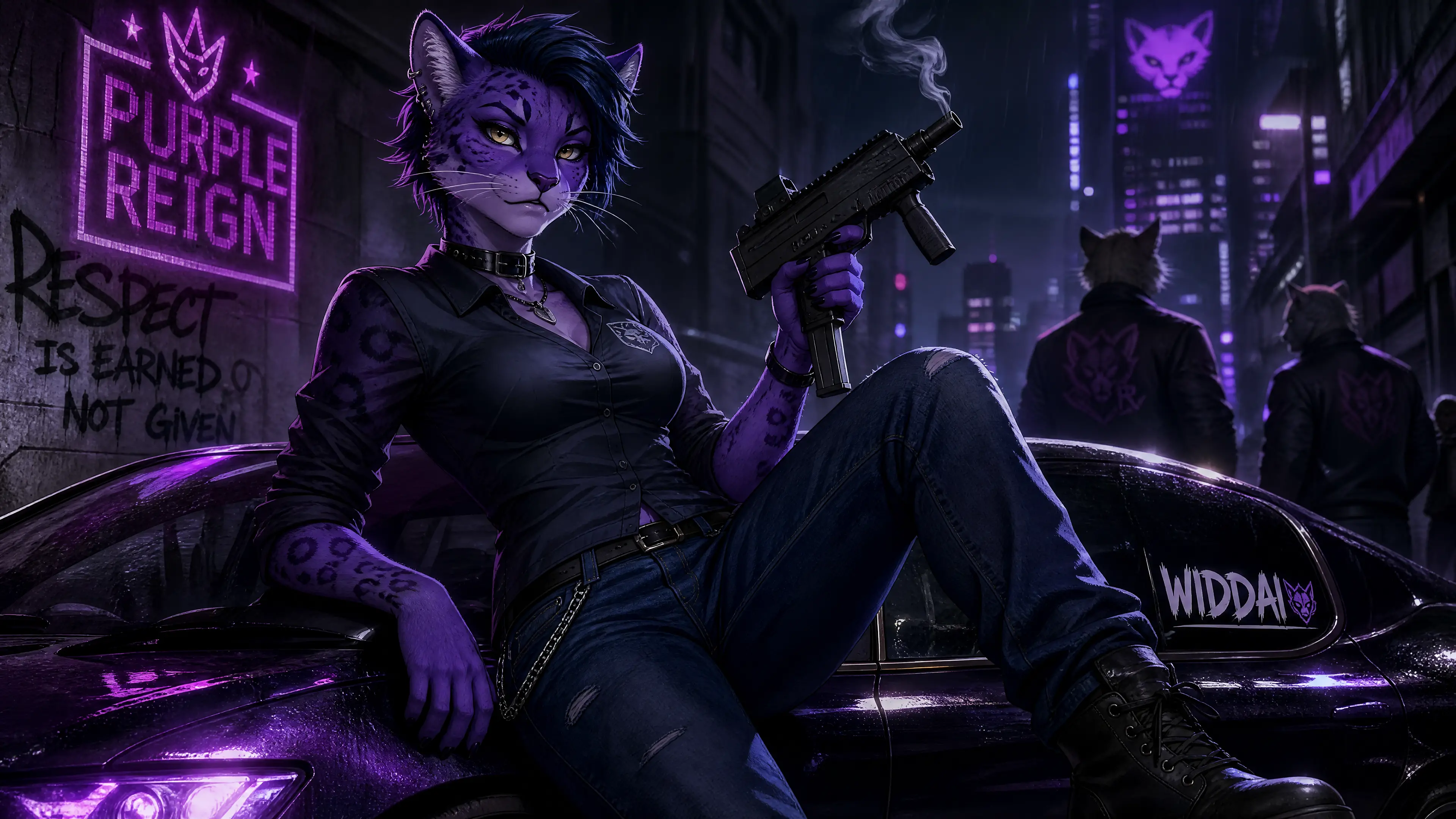 Purple ocelot anthro girl in casual tomboy streetwear