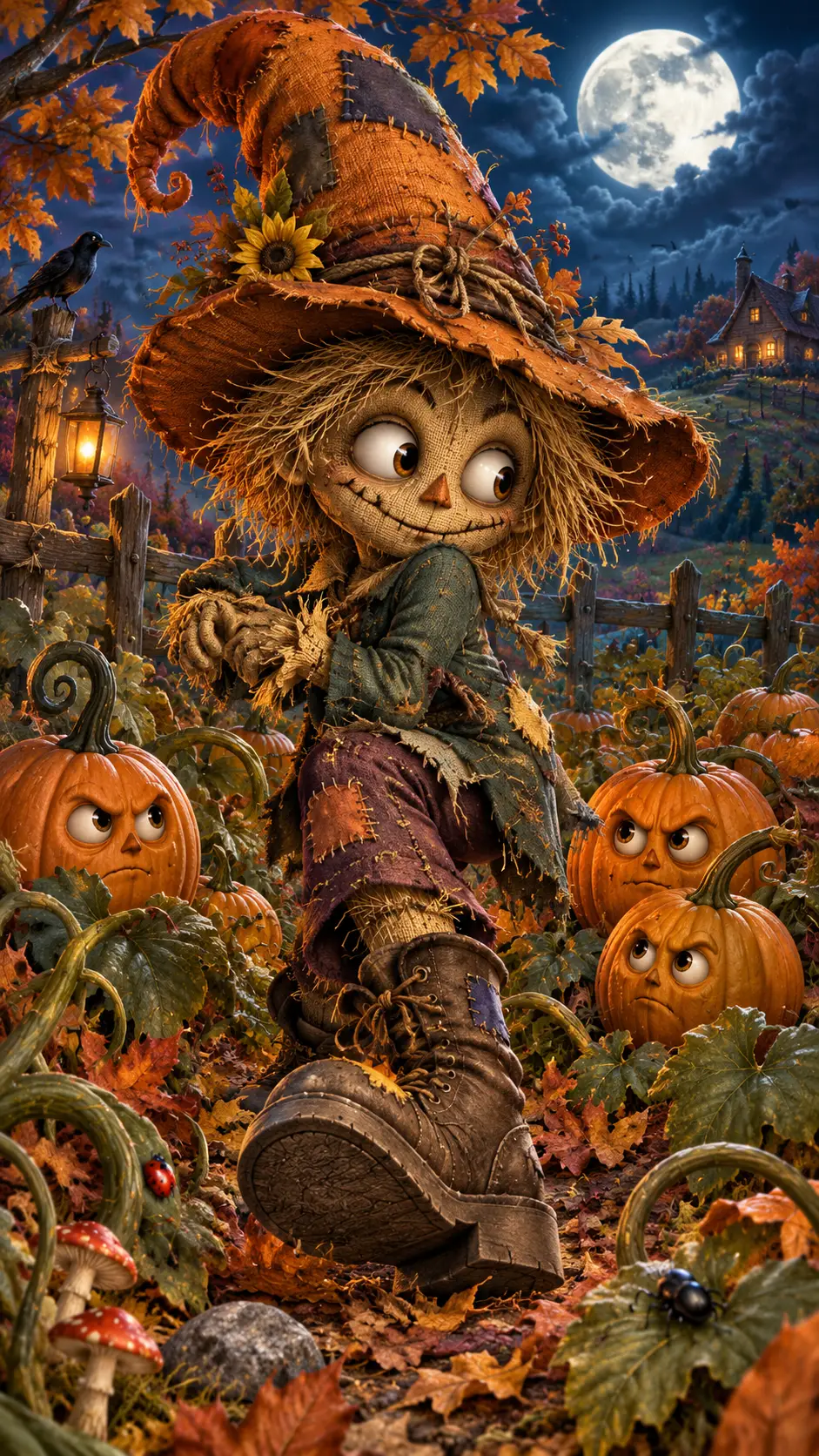 Playful Scarecrow Sneaking Through Moonlit Pumpkin Patch