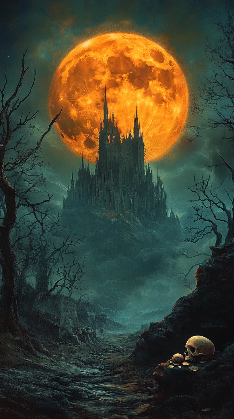 Gothic castle under a vast eerie full moon