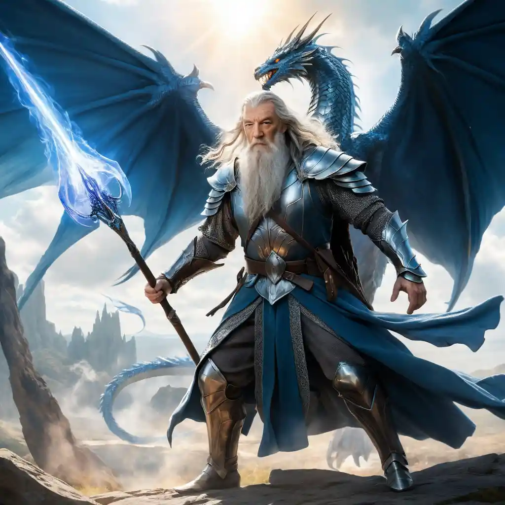 Armored wizard charging forward with blue dragon
