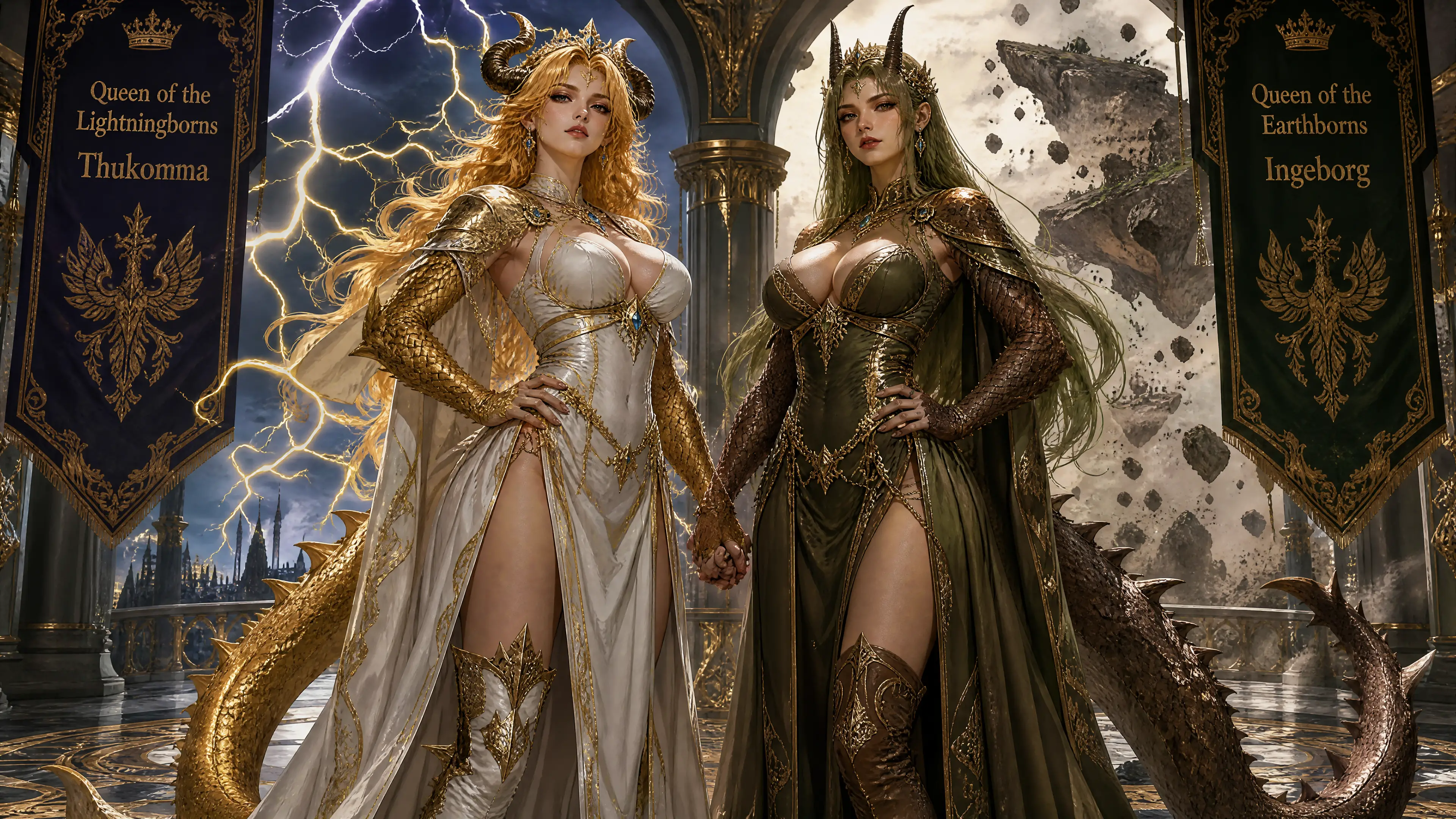 Lightning queen with horns scales and dragon tail