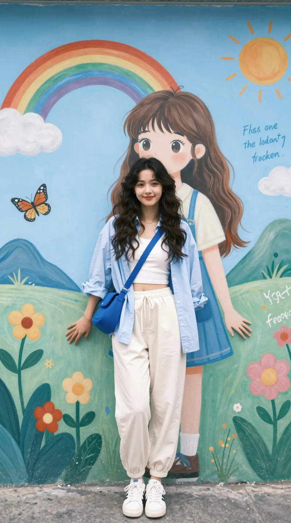 Young woman posing by colorful street art mural