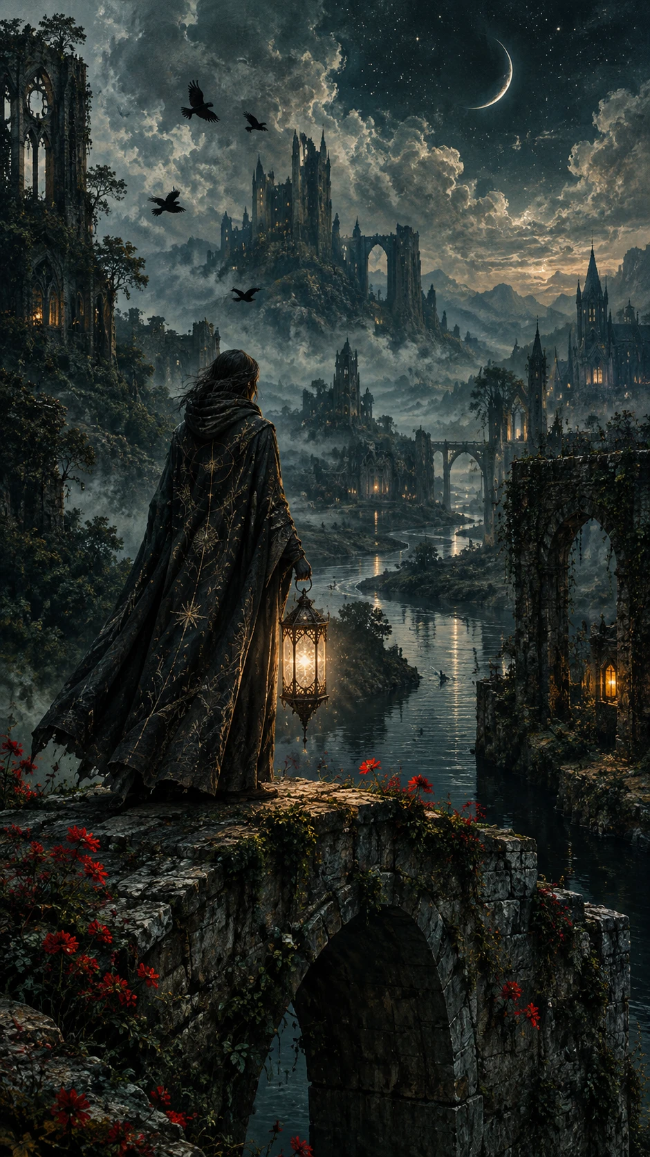 Cloaked wanderer on a bridge above a dark river