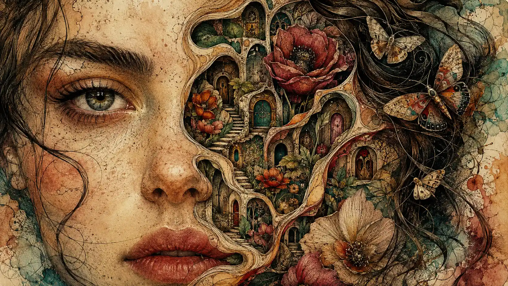 Surreal close up of woman opening into hidden garden