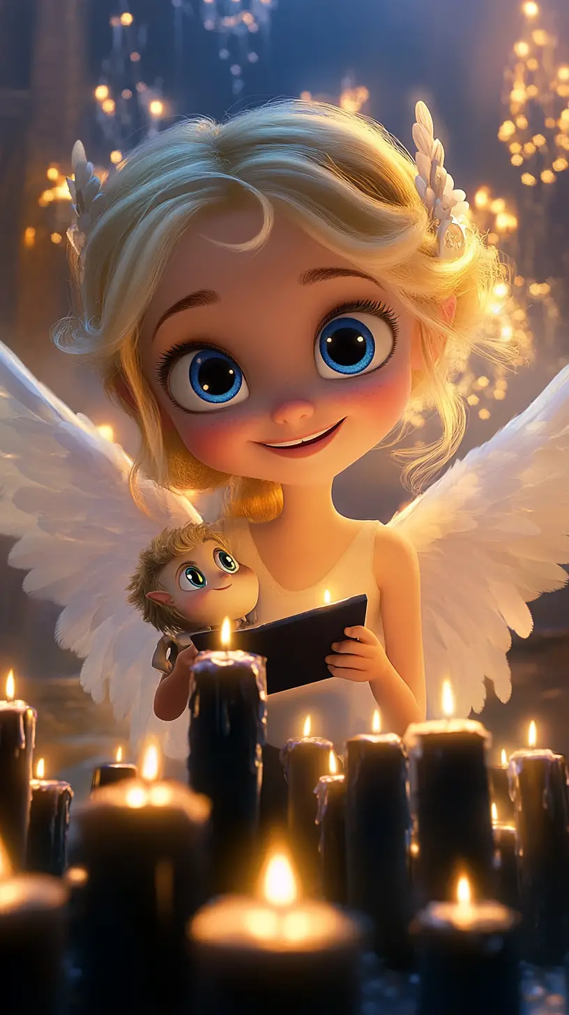 Cute angel girl arranging a dark candle ritual circle