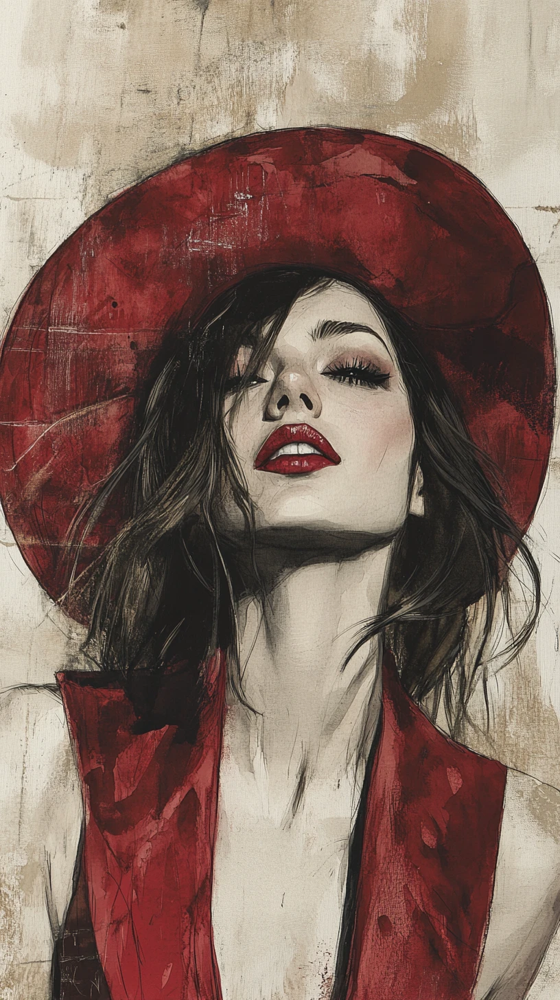 Watercolor portrait of a woman in a bold red hat