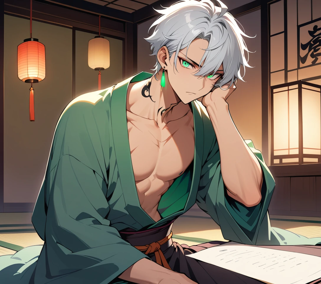 Seductive anime man in open yukata in lantern light