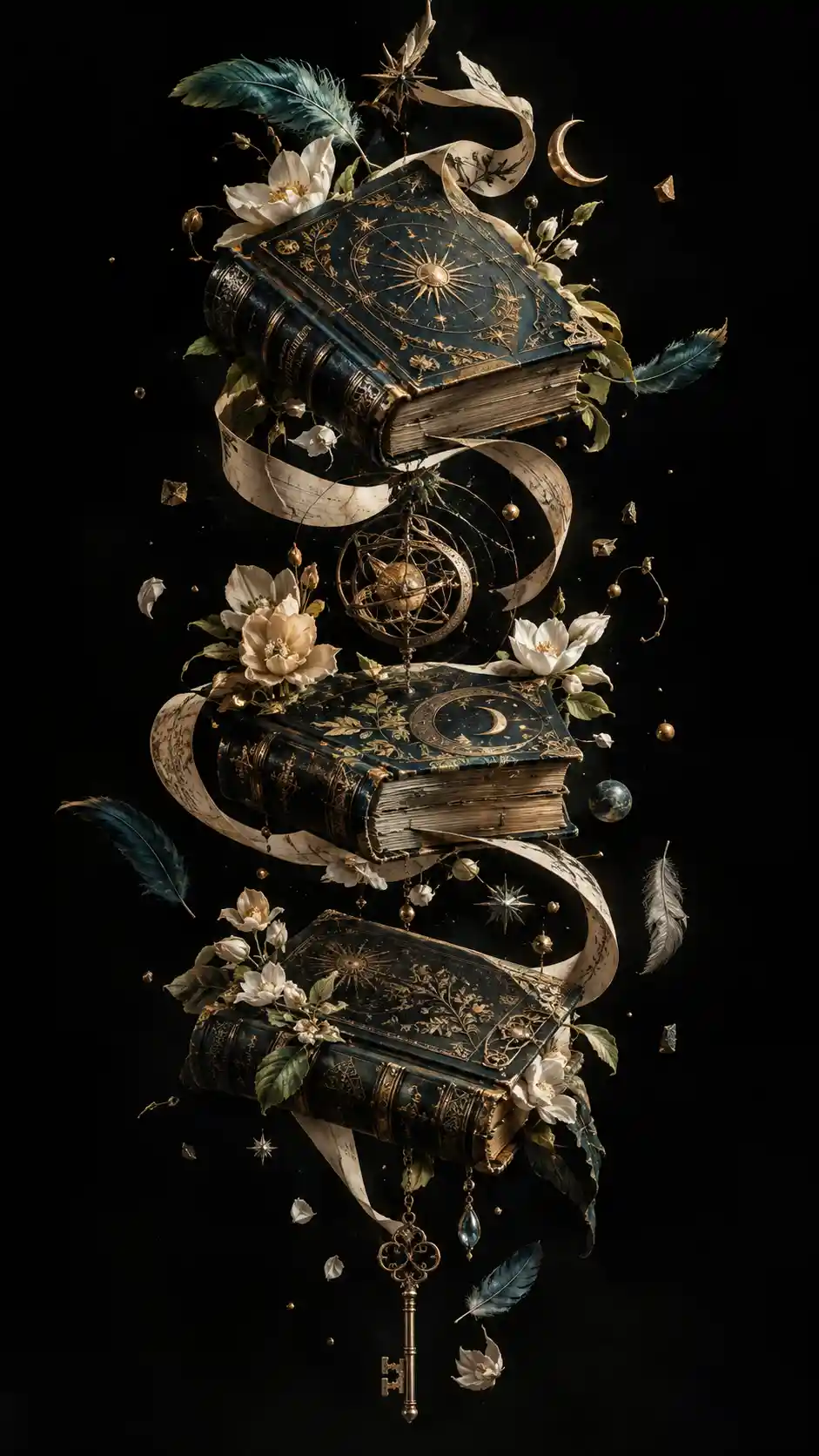 Floating antique books entwined with flowers and symbols