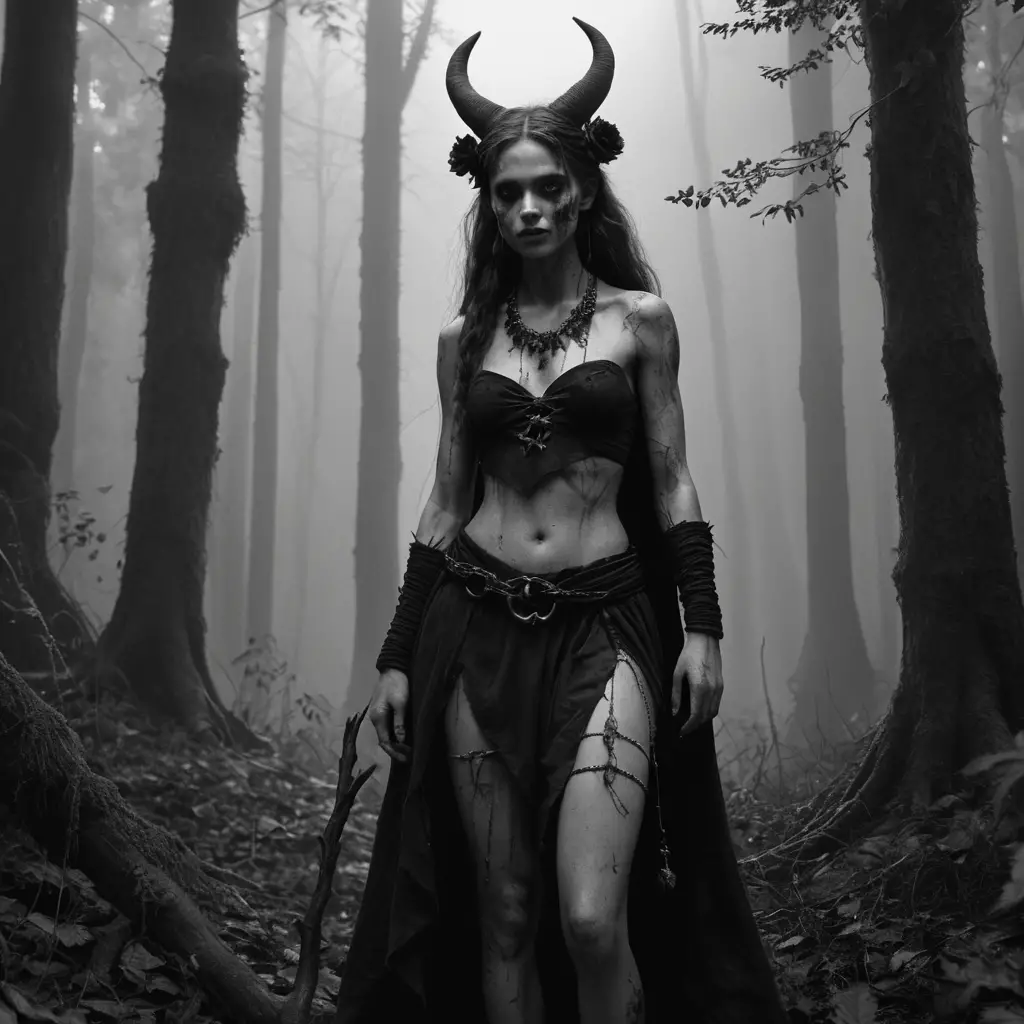Young forest witch with devil under eerie moonlight