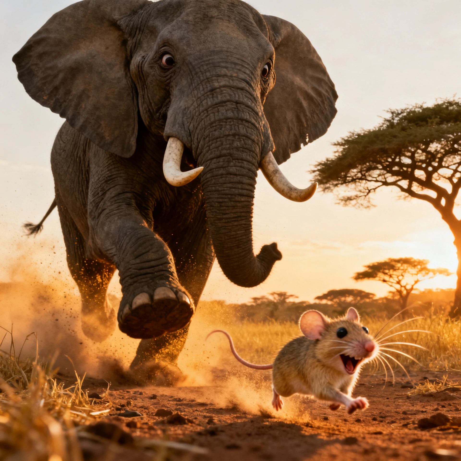 Elephant Fleeing A Tiny Mouse Across Sunlit African Savanna