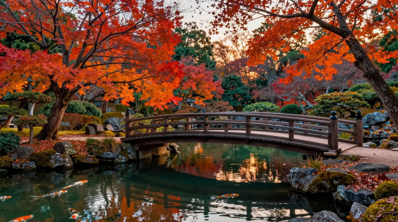 Japanese garden bridge over koi pond at autumn sunset