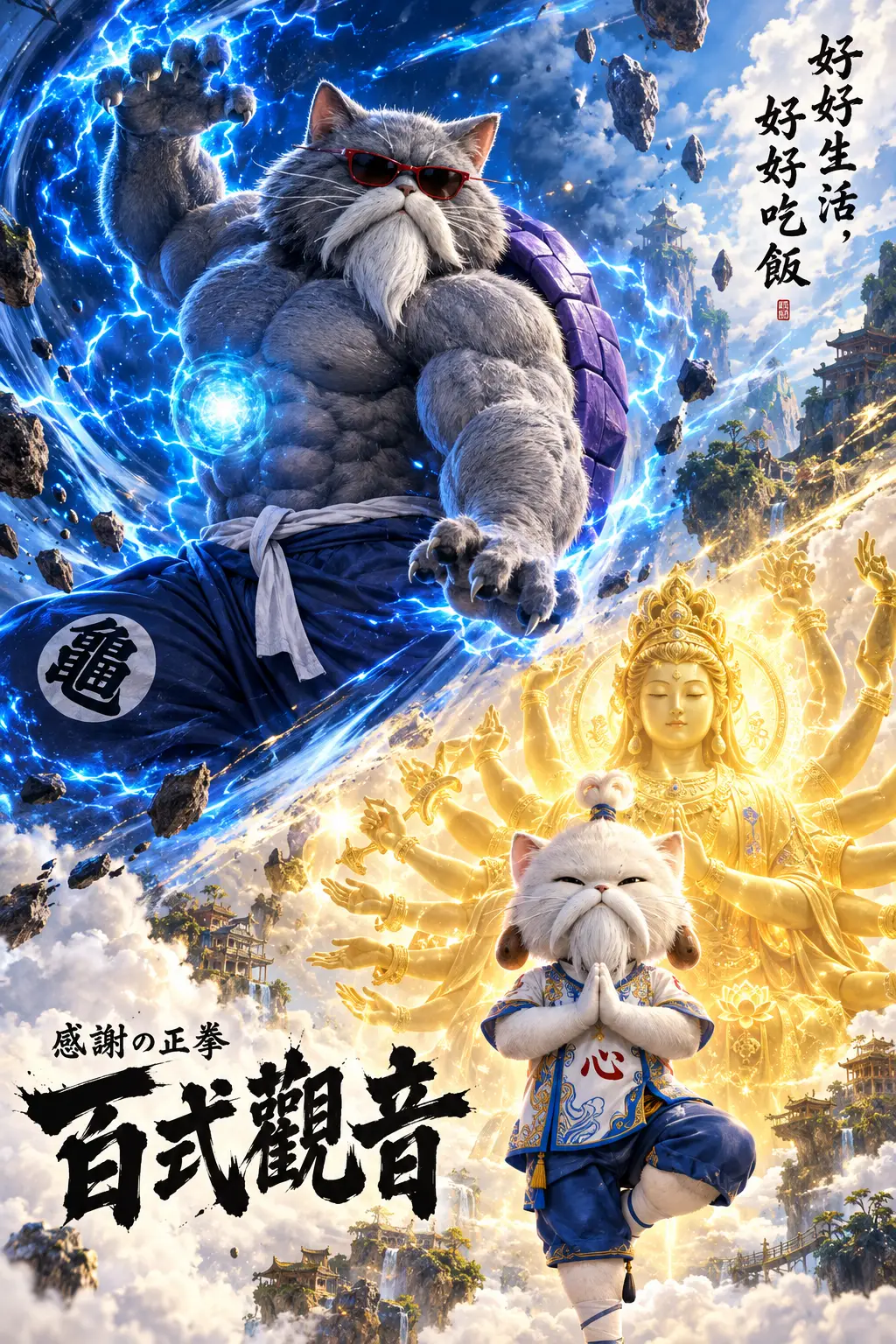 Muscular turtle master cat summoning glowing energy sphere