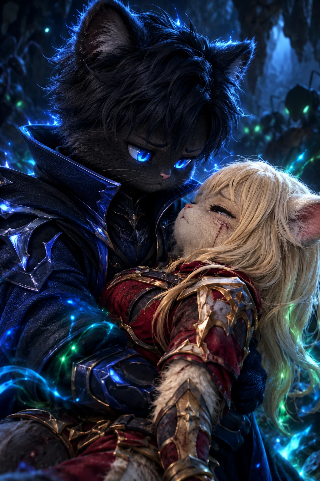 Dramatic 3D cats in a dark fantasy cave embrace