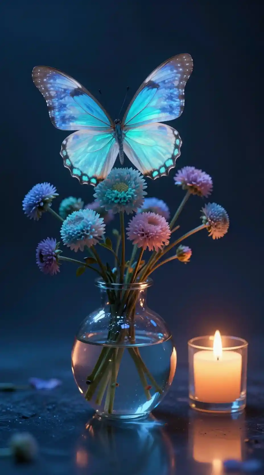 Butterfly And Flowers In Candlelit Glass Still Life Scene