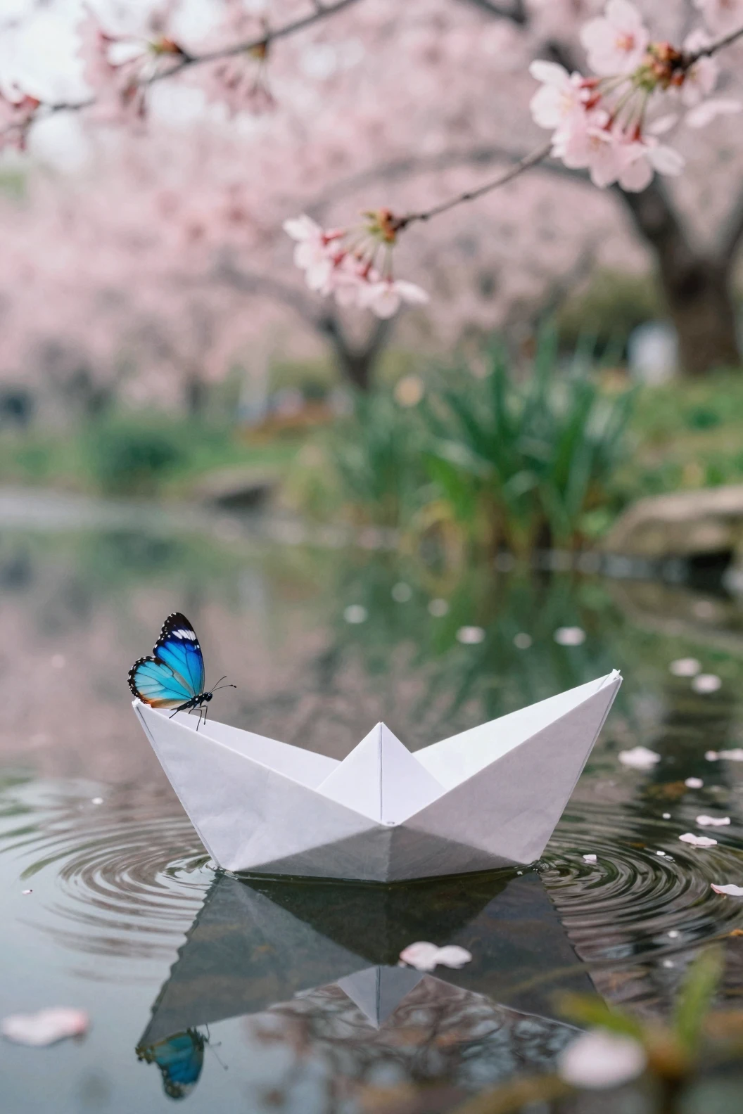 Paper Boat And Blue Butterfly On Tranquil Cherry Blossom Pond