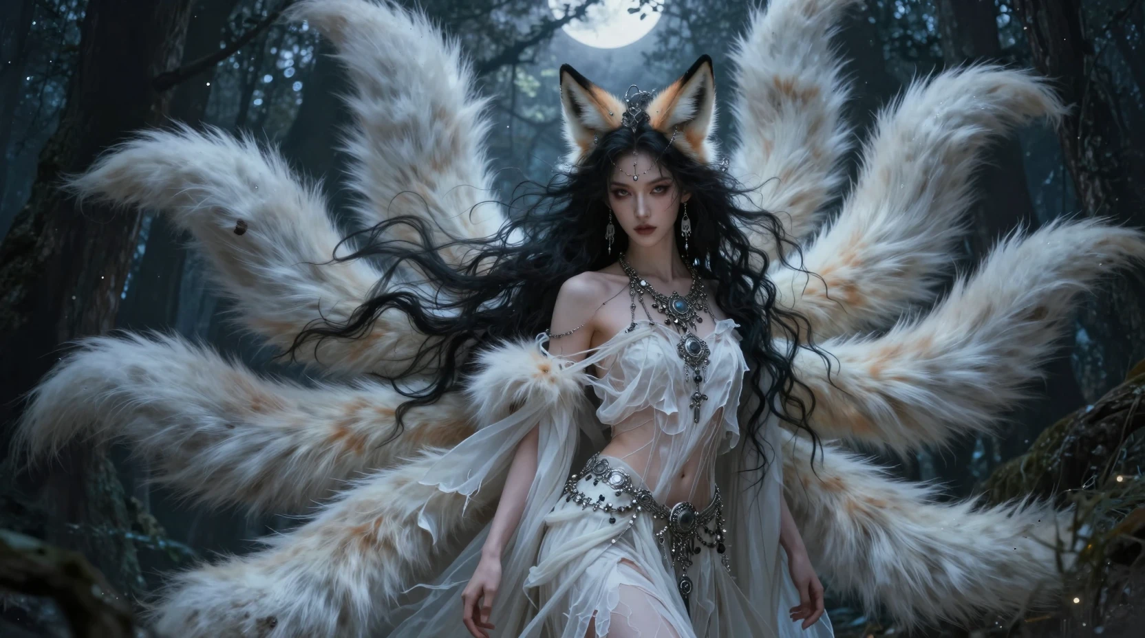 Mythical nine tailed fox woman in a moonlit dark forest