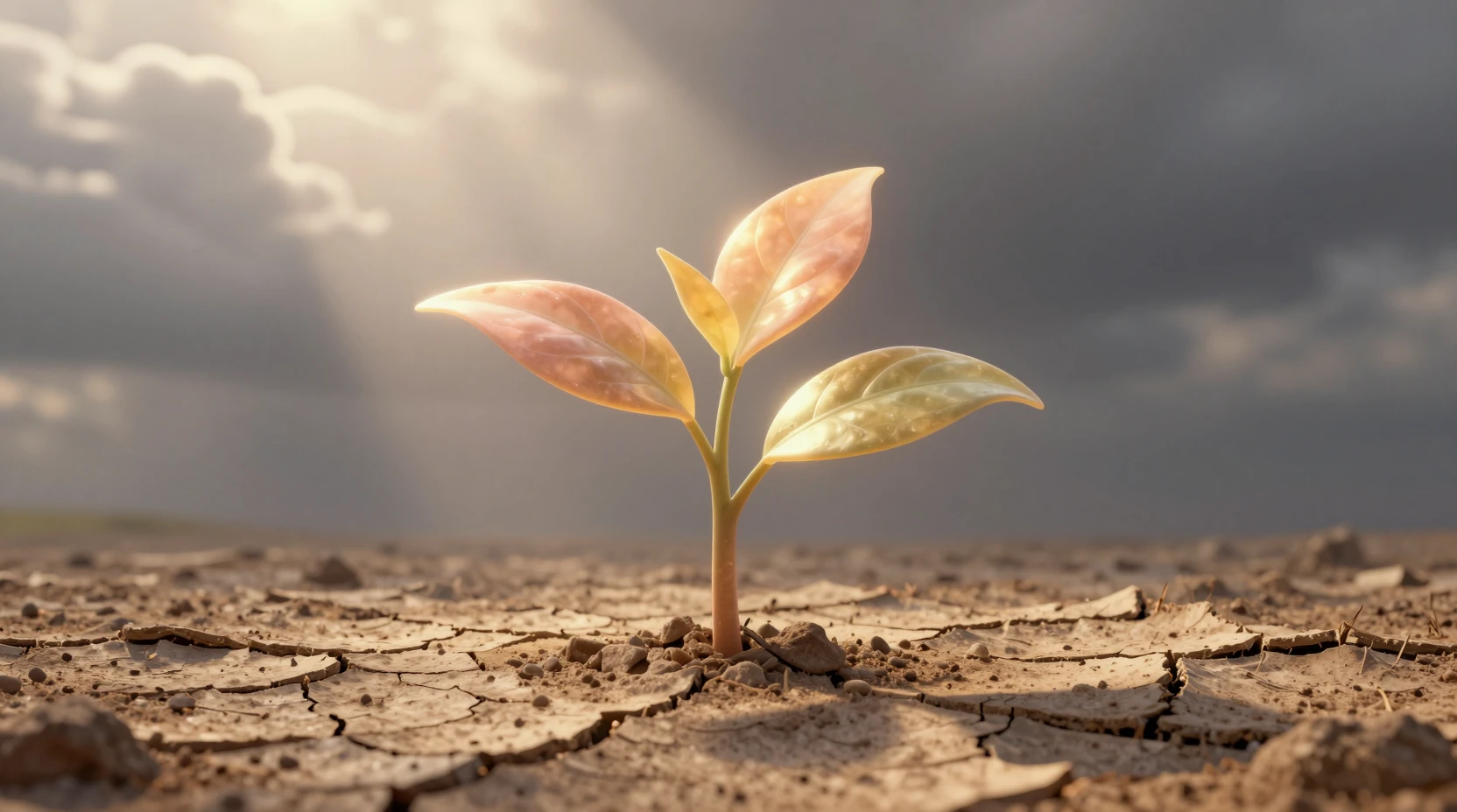 Glowing seedling breaking through cracked dry earth