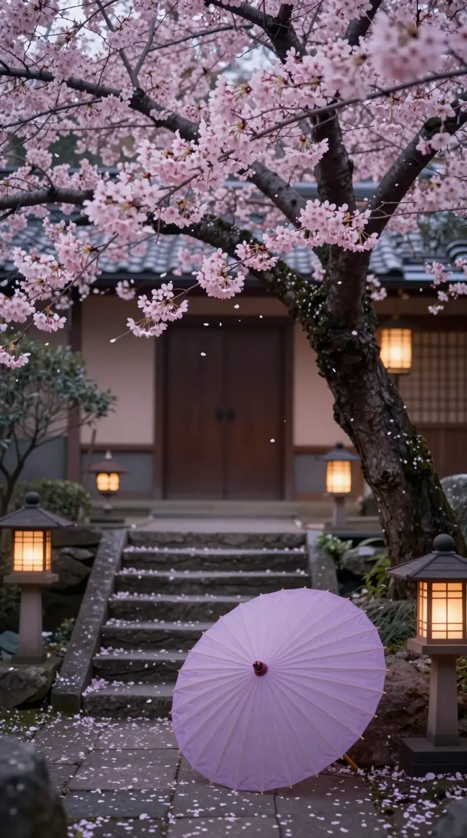 Cherry blossom courtyard with lanterns and paper umbrella