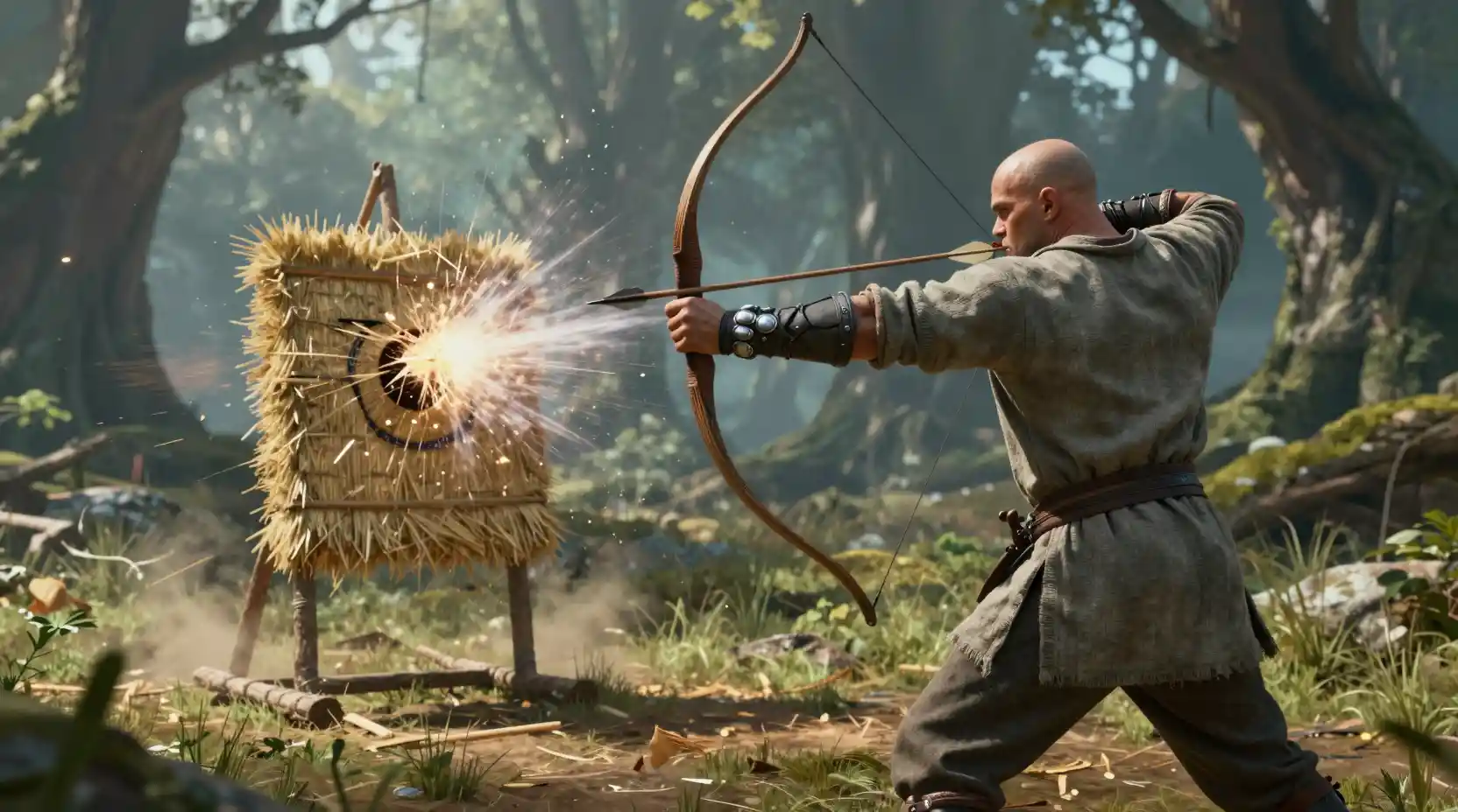 Fantasy archer unleashes a powerful shot in alien forest