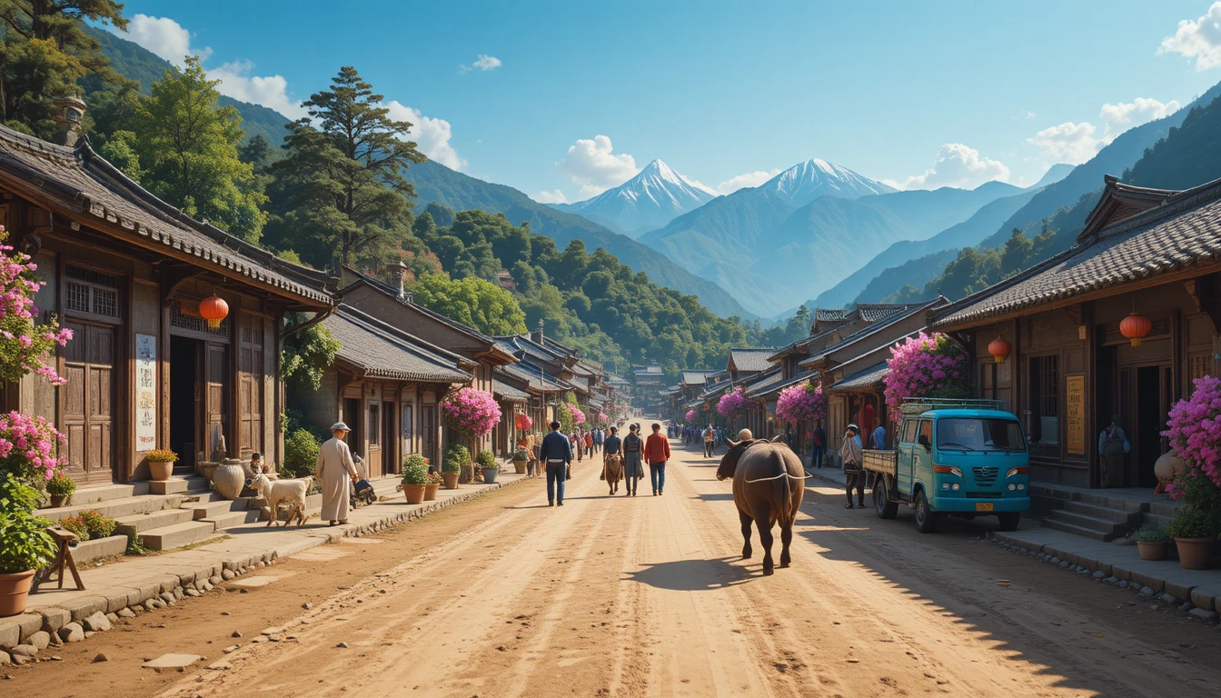 Traditional Taiwanese mountain village street on a sunny day