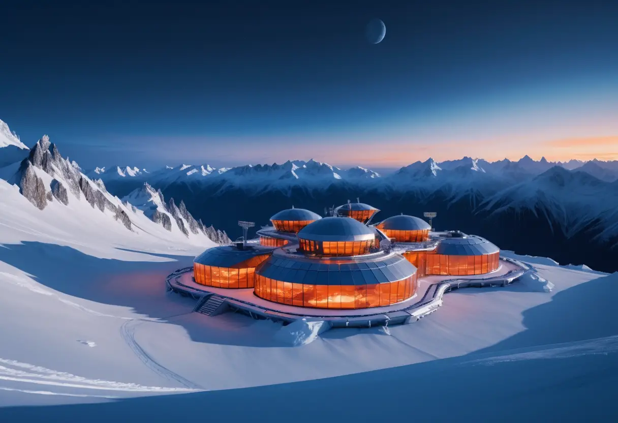 Futuristic research station along a snowy mountain ridge at dusk