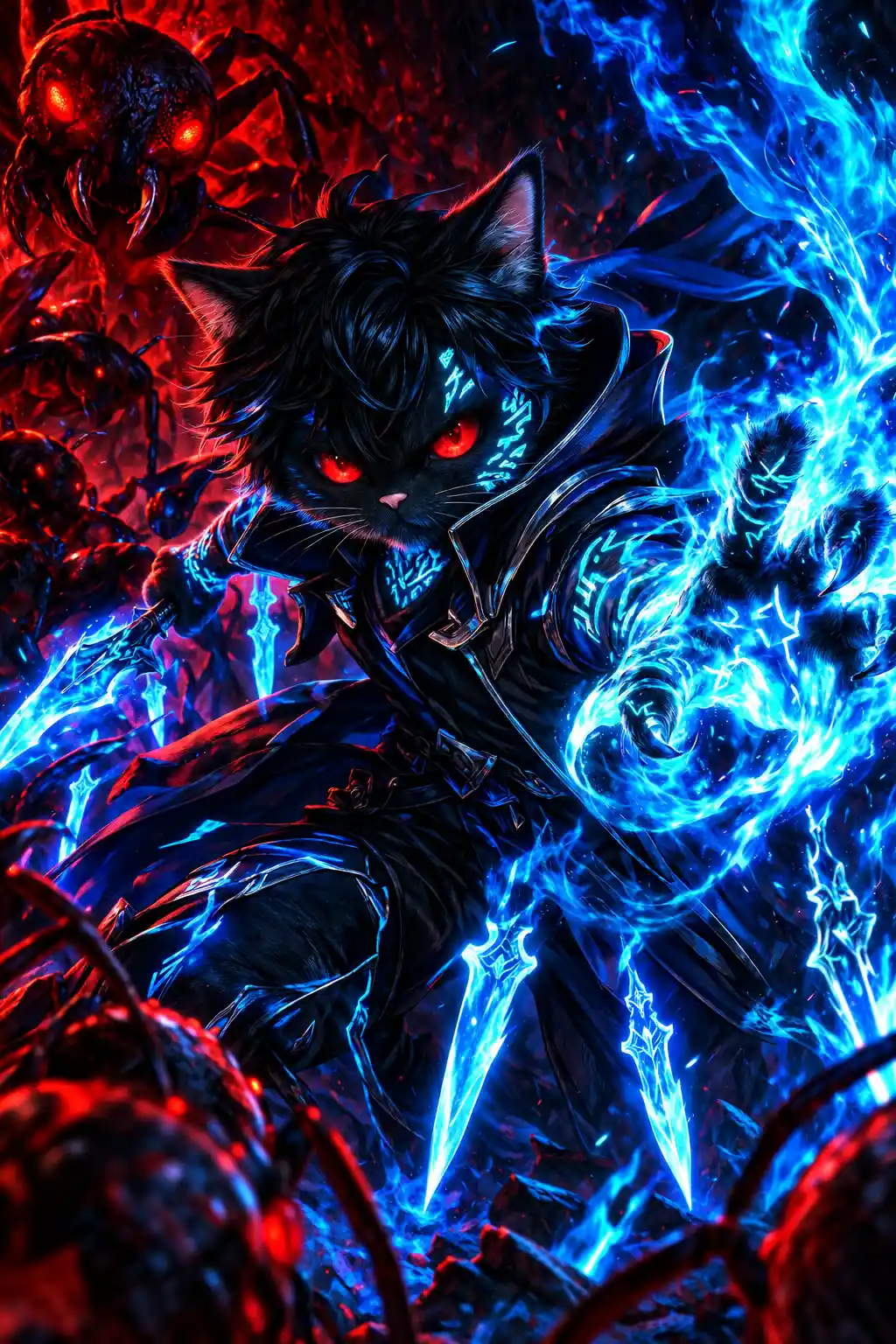 Black cat warrior casting blue fire in cave dungeon