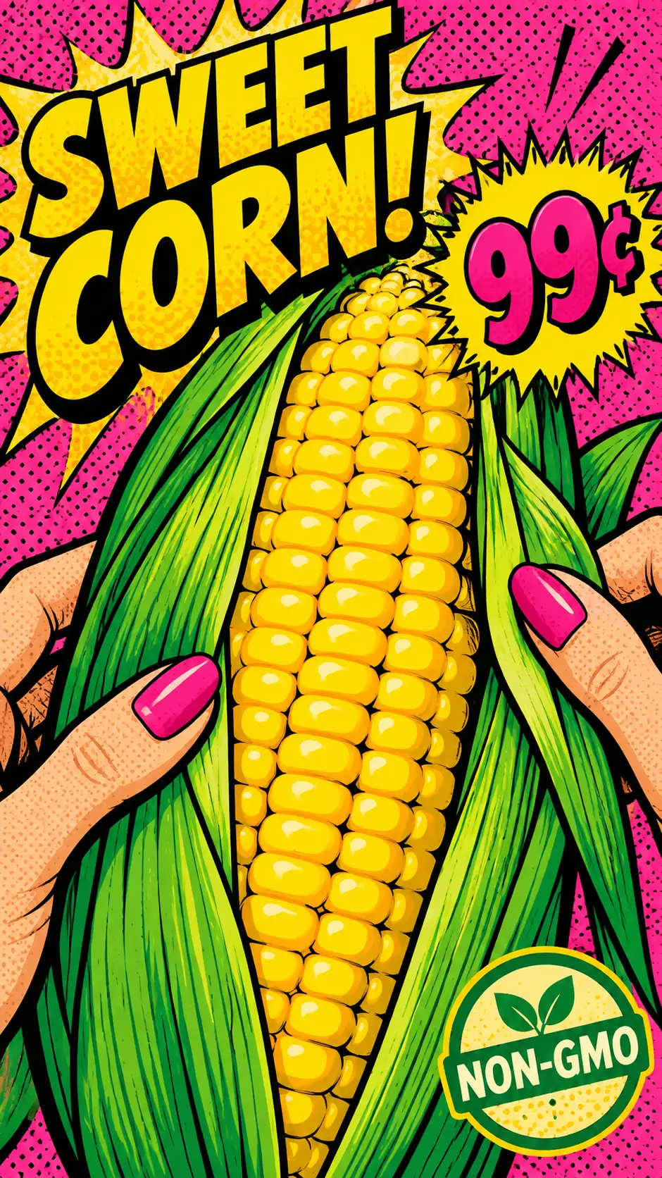 Pop art close up of hands peeling bright green corn husks