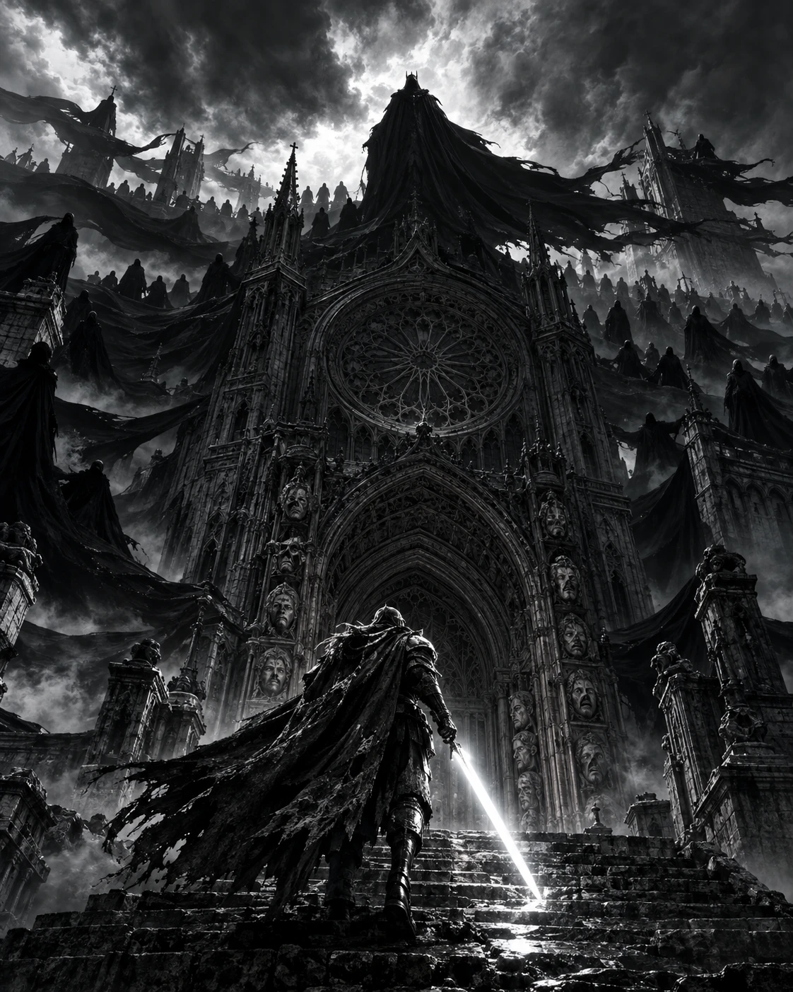 Lone Armored Warrior Climbing Toward Gothic Cathedral Archway
